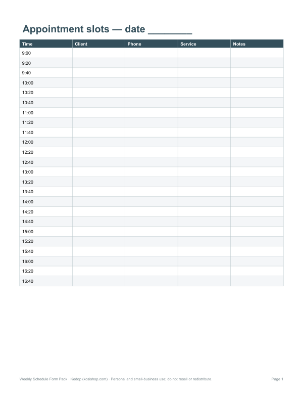 Preview of Printable Appointment Slots Sheet