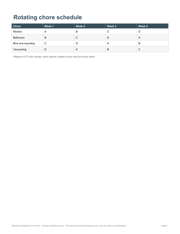 Preview of Printable Chore Rotation Chart