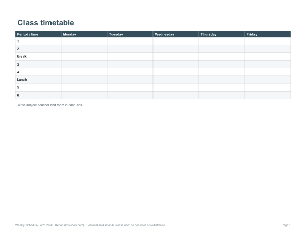Preview of Printable Class Timetable