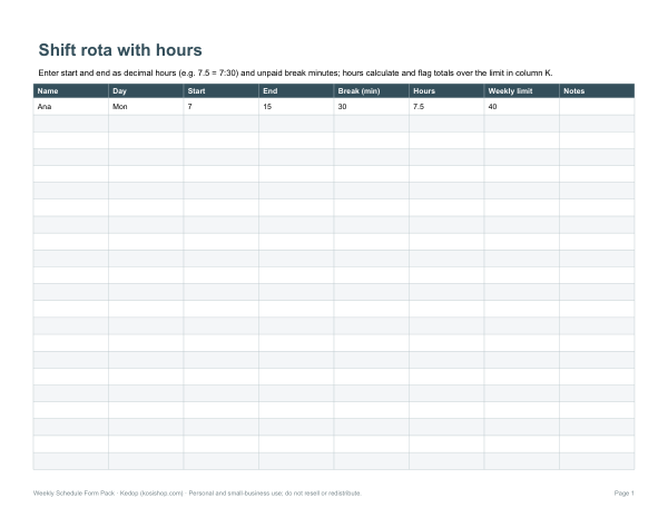 Preview of Printable Weekly Schedule Form