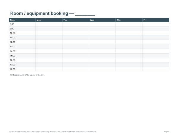Preview of Printable Weekly Room Booking Form