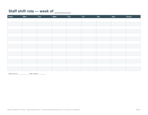 Preview of Printable Weekly Shift Rota
