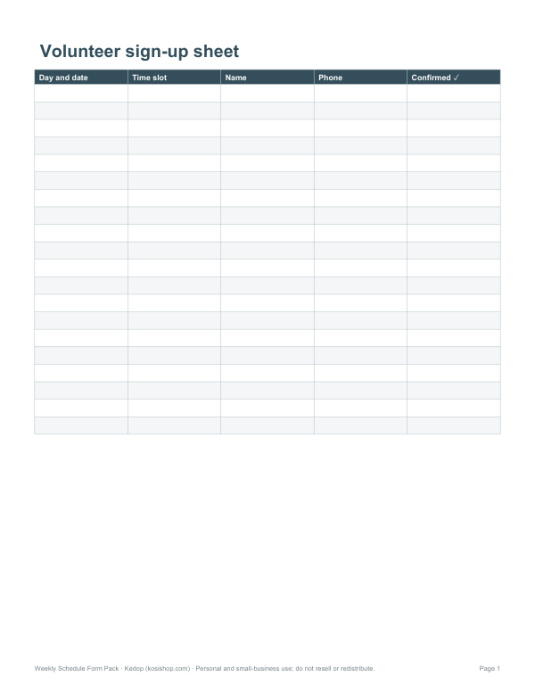 Preview of Printable Volunteer Sign-Up Sheet